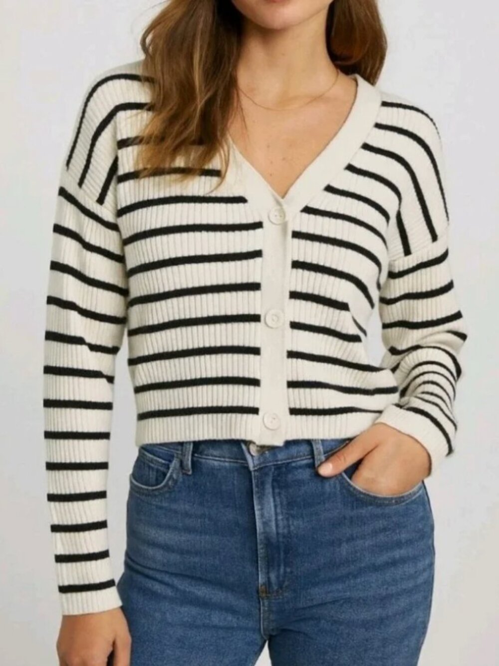 Abercrombie & Fitch Striped Button Cropped Front Cardigan White and Black M